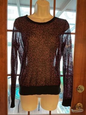 LOFT Purple and Black Sheer Leopard-Print Long Sleeve Top
